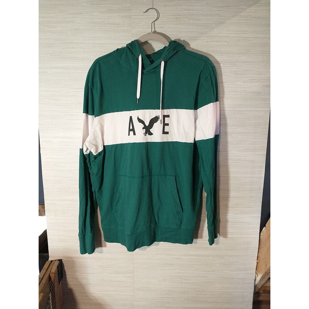 American Eagle Sweater Adult Large Green and White Striped Hoodie Mens